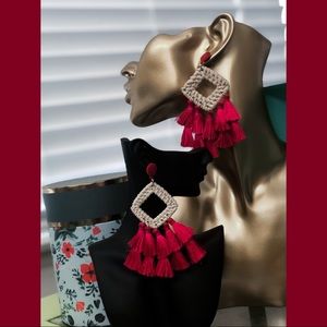 Boho Raffia Tassel Big Fringe Drop Earrings NWT